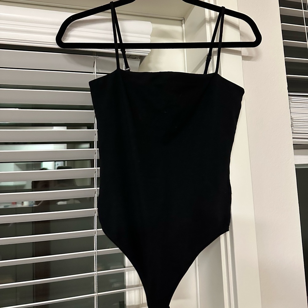 Black & white (2 pack) spaghetti strap thong body suits with built in cami